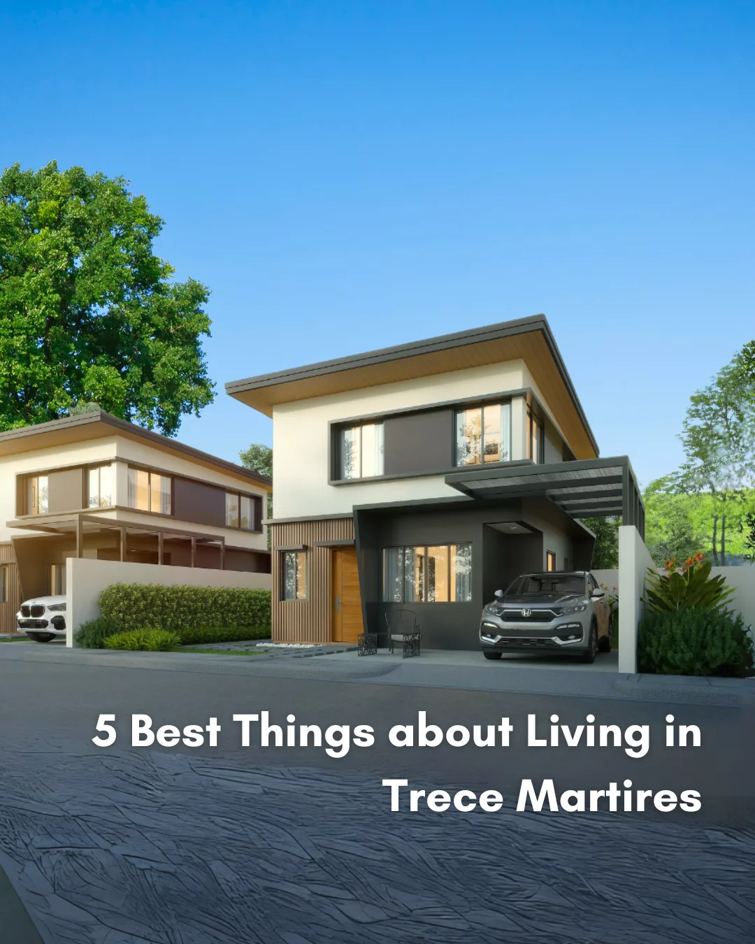 A peaceful residential neighborhood in Trece Martires, Cavite, with modern single-detached houses surrounded by lush green trees. The skies are clear and a cool, late-afternoon ambiance. The overall mood is serene, family-friendly, and refreshing.