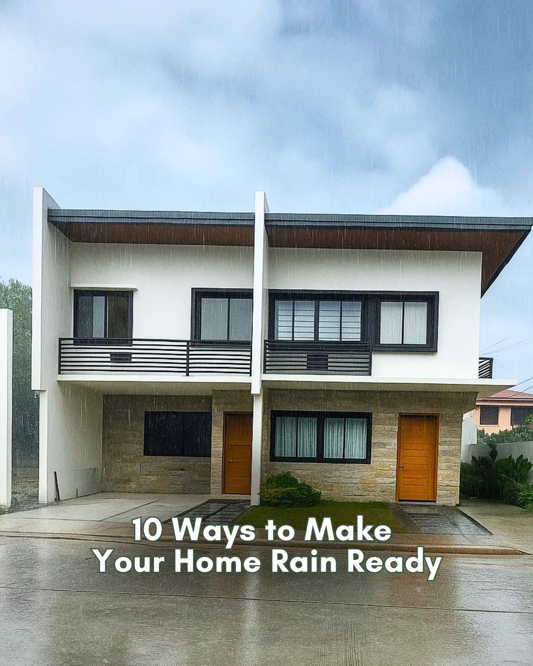 Exterior of a modern Filipino home on a rainy day, featuring a clean roof, working gutters, and a covered porch with rain gear—showing preparedness for the rainy season in the Philippines.