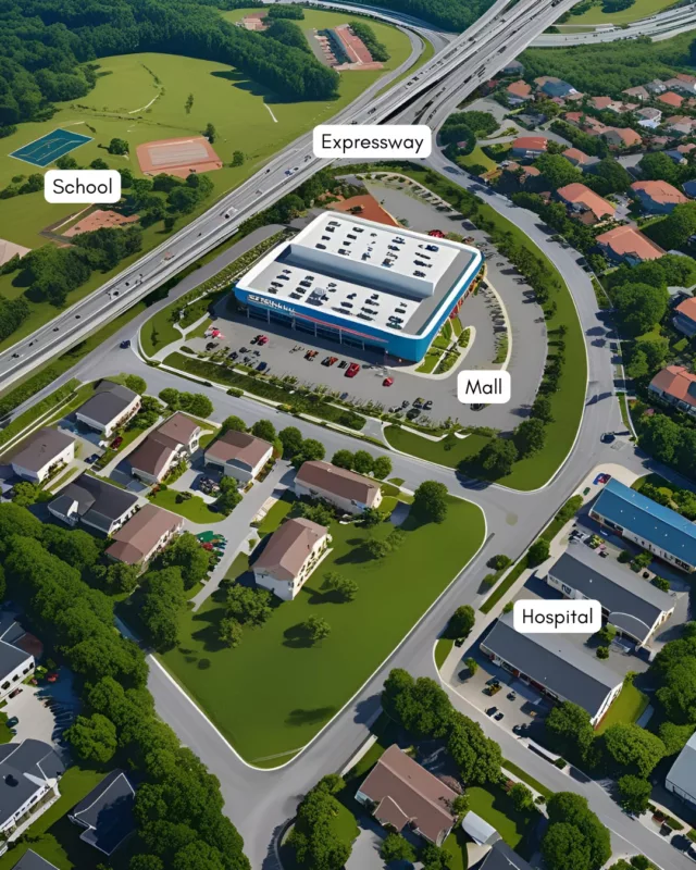 Aerial view of a residential community surrounded by green spaces, major roads, and nearby establishments.
